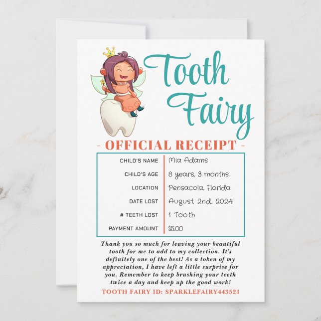 Official Tooth Fairy Receipt Certificate Invitation (Front)