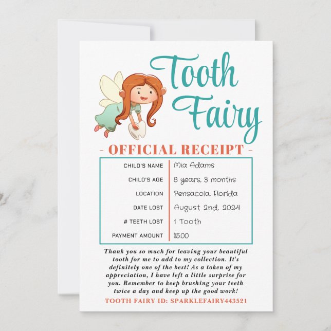 Official Tooth Fairy Receipt Certificate Printable Invitation (Front)
