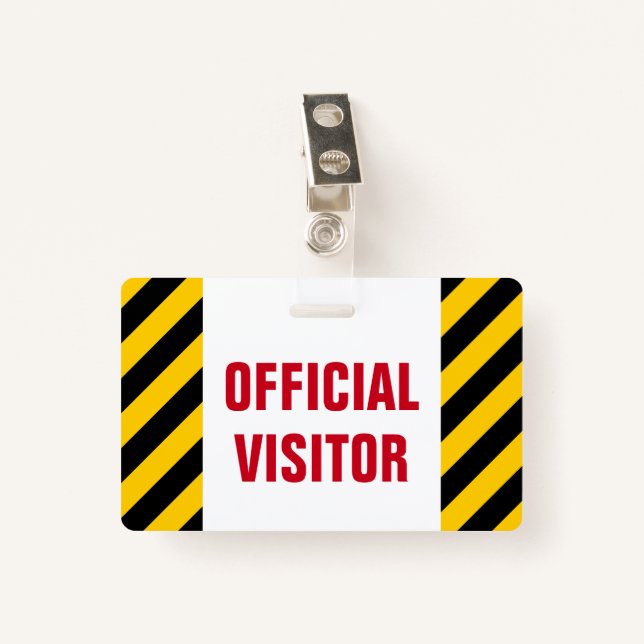 "OFFICIAL VISITOR" + Black & Yellow Stripes Badge ID Badge (Front with Clip)