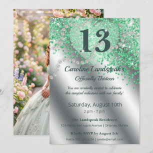 Officially 13 Mint Green Glitter & Photo Birthday Invitation