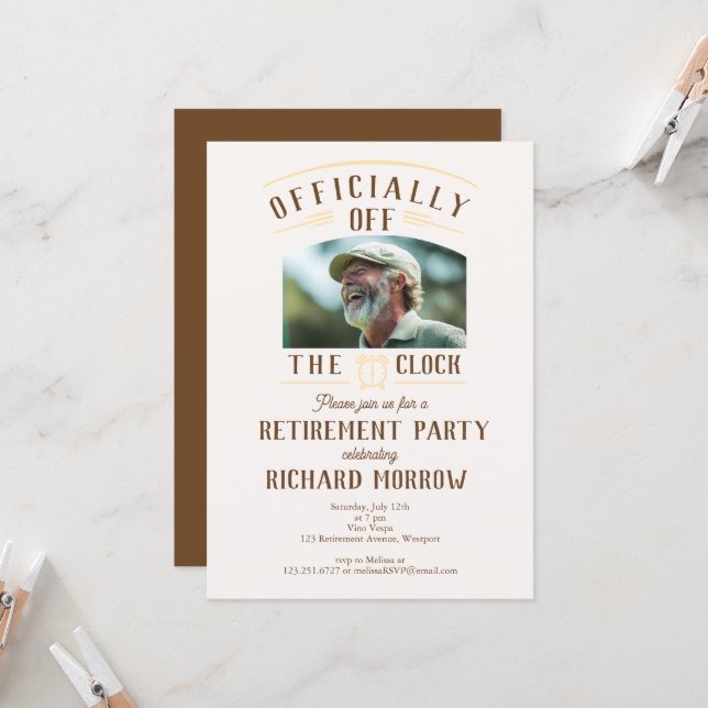 “Officially Off the Clock” Photo Retirement Party Invitation (Front/Back In Situ)