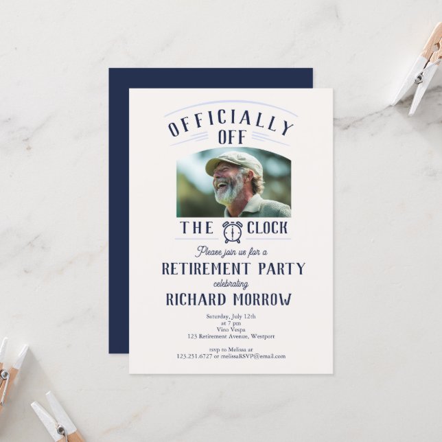 “Officially Off the Clock” Photo Retirement Party Invitation (Front/Back In Situ)