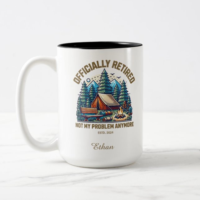 Officially retired, Custom name and date camping Two-Tone Coffee Mug (Left)