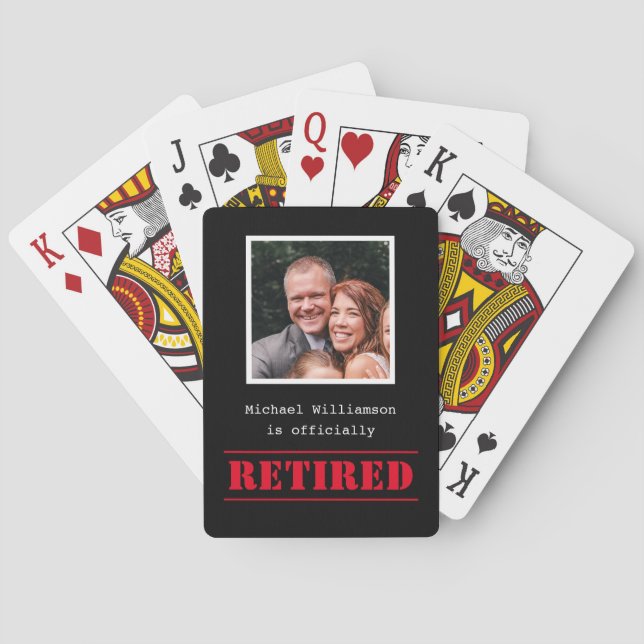 Officially retired, custom name gift black and red playing cards (Back)