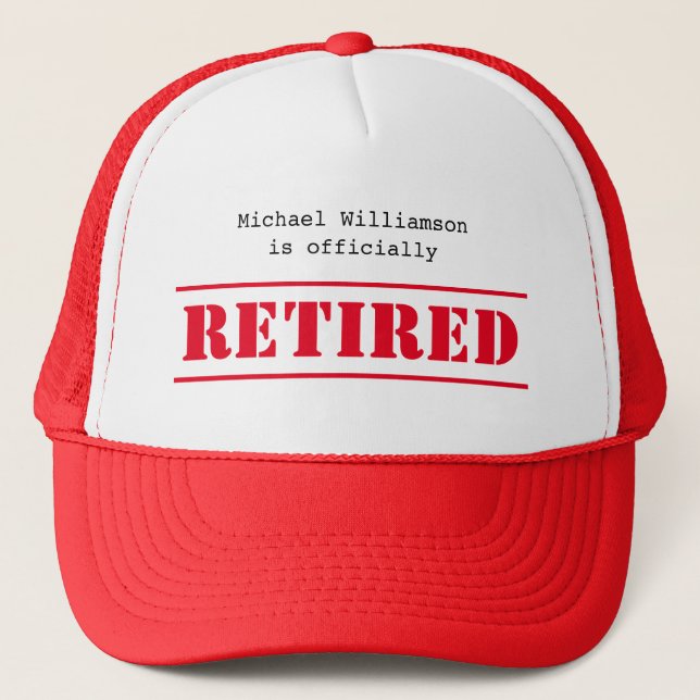Officially retired, custom name gift red trucker hat (Front)