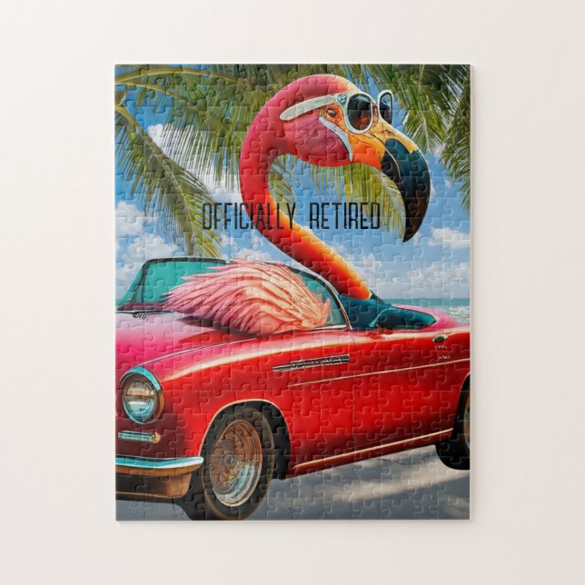 Officially Retired Flamingo & Convertible on Beach Jigsaw Puzzle (Vertical)