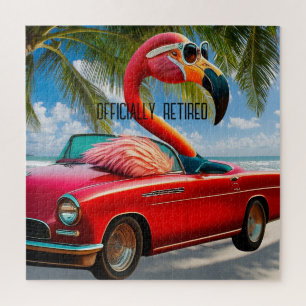 Officially Retired Flamingo & Convertible on Beach Jigsaw Puzzle