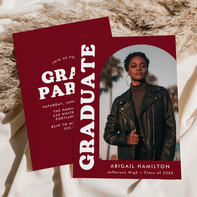 Offset Arch Burgundy Photo Graduation Party Invitation (Creator Uploaded)