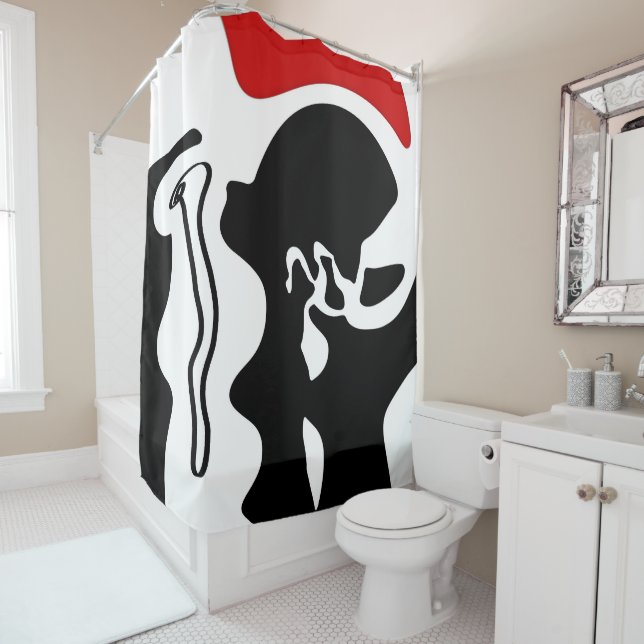 Offset Chamber: Abstract Black, White & Red Shower Curtain (In Situ)