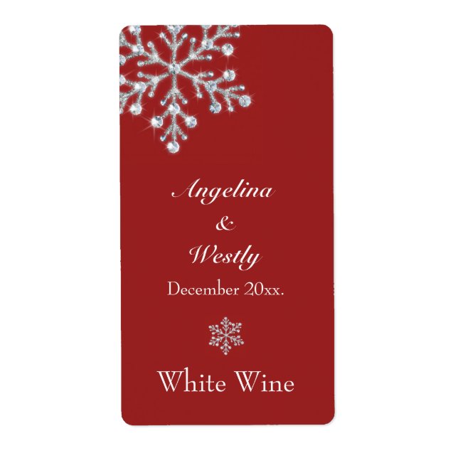 Offset Crystal Snowflake Wedding Wine Label (red) (Front)