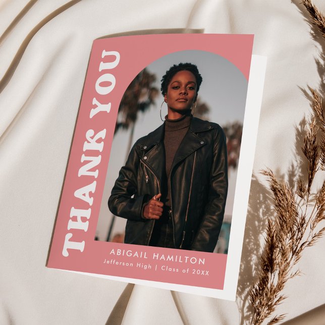 Offset Pink Arch 4 Photo Graduation Thank You Card (Creator Uploaded)