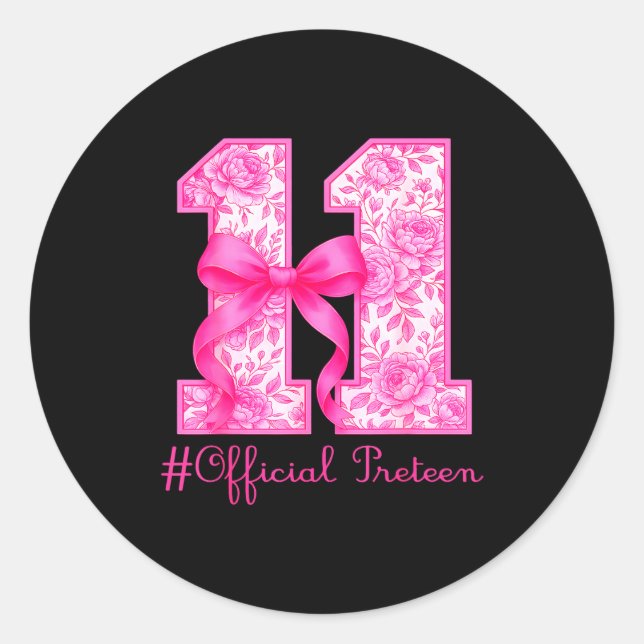 Oficial Preteen 11th Birthday Girl Pink Coquette B Classic Round Sticker (Front)