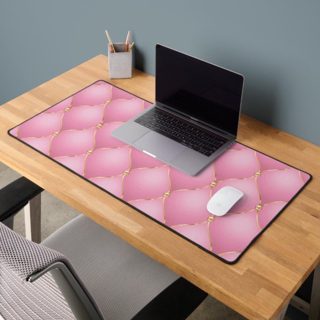 Ogee Gold Diamond Tufted Light Pink Desk Mat (Office 2)