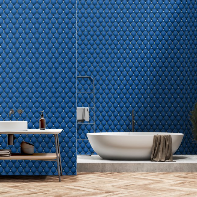 Ogee Gold Diamond Tufted Navy Blue Wallpaper (Bathroom)