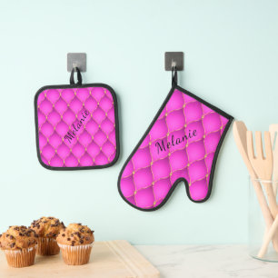 Ogee Gold Diamond Tufted Pink Custom Your Name Oven Mitt & Pot Holder Set
