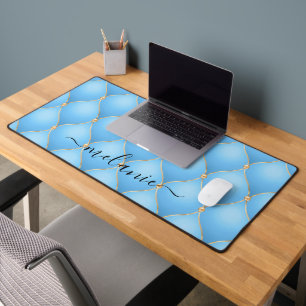 Ogee Gold Diamond Tufted Sky Blue Custom Name Desk Mat