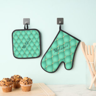 Ogee Gold Diamond Tufted Teal Custom Your Name Oven Mitt & Pot Holder Set