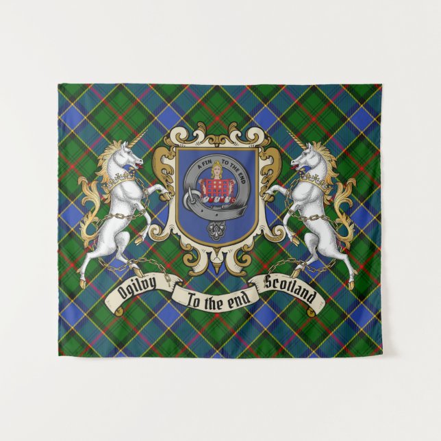 Ogilvy Clan Badge & Unicorns w/Tartan  Tapestry (Front (Horizontal))