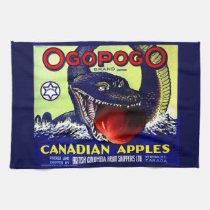 Ogopogo Canadian apples fruit crate label print Tea Towel