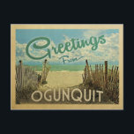 Ogunquit Beach Vintage Travel Postcard<br><div class="desc">This Greetings From Ogunquit vintage postcard design features a sandy beach with a beautiful turquoise ocean water and above the sea,  a blue sky with billowy white clouds. In vintage travels style.</div>