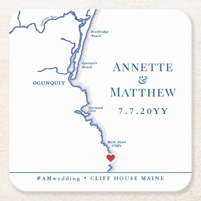 Ogunquit Maine Map Wedding Cocktail Hour Square Paper Coaster (Front)