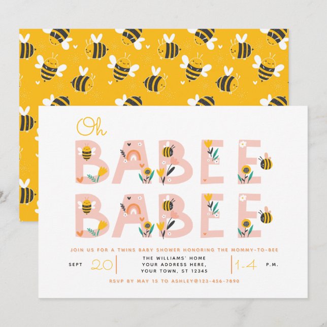 Oh Babee Baby Yellow Twin Baby Shower Invitation (Front/Back)