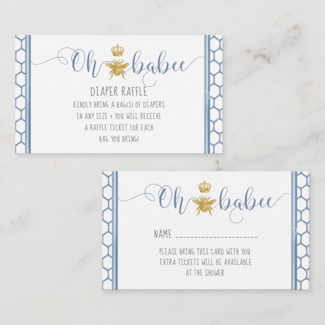 Oh Babee Bee Crown Blue Gold Baby Diaper Raffle Business Card (Front/Back)