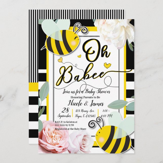 Oh BaBEE Bee Floral Chic Yellow Baby Shower Invitation (Front/Back)