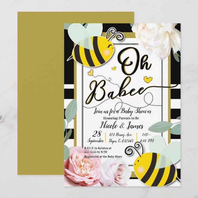 Oh BaBEE Bee Floral Yellow Gold Baby Shower Invitation (Front/Back)