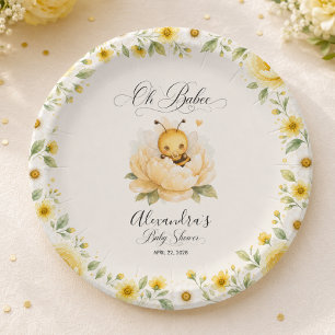 Oh Babee Bee Floral Yellow Watercolor Baby Shower Paper Plate