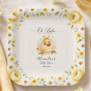 Oh Babee Bee Floral Yellow Watercolor Baby Shower Paper Plate