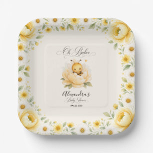 Oh Babee Bee Floral Yellow Watercolor Baby Shower Paper Plate
