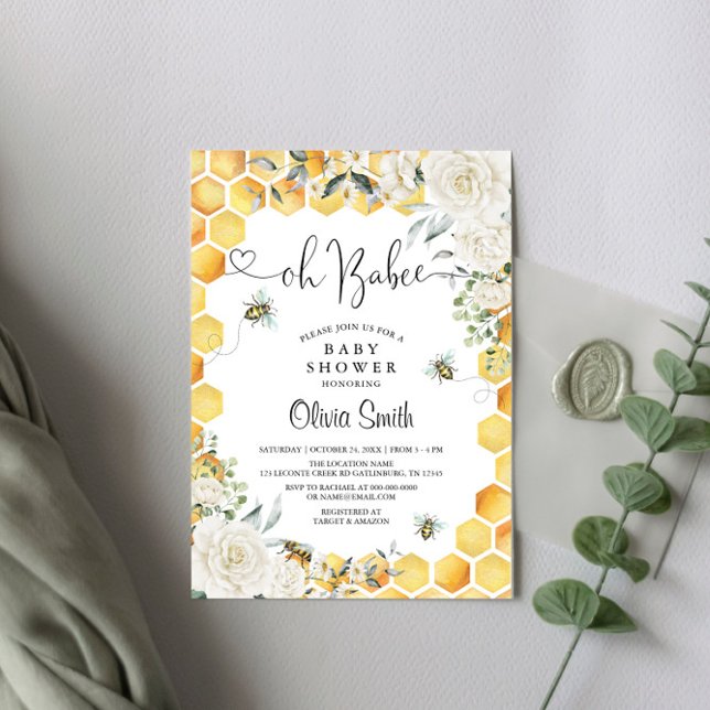 Oh BaBee Bee White Floral Baby Shower Invitation (Creator Uploaded)