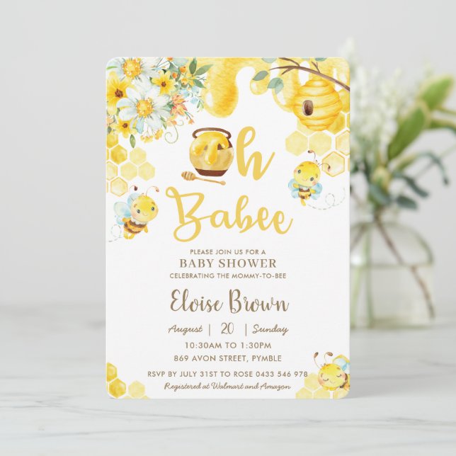 Oh Babee Bees Yellow Gender Neutral Baby Shower   Invitation (Standing Front)