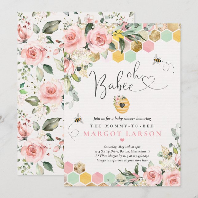 Oh Babee Greenery Pink & Gold Bee Baby Shower Invitation (Front/Back)