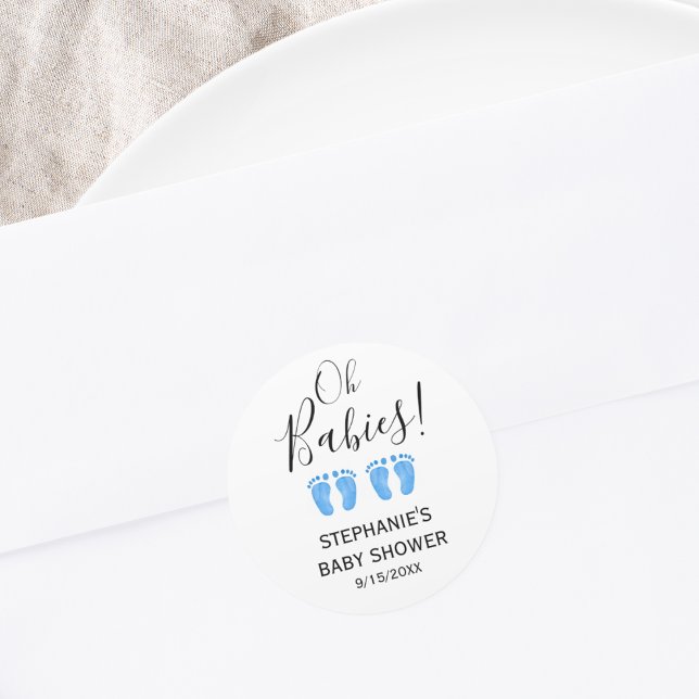 Oh Babies Blue Feet Twins Baby Shower Classic Round Sticker (Creator Uploaded)