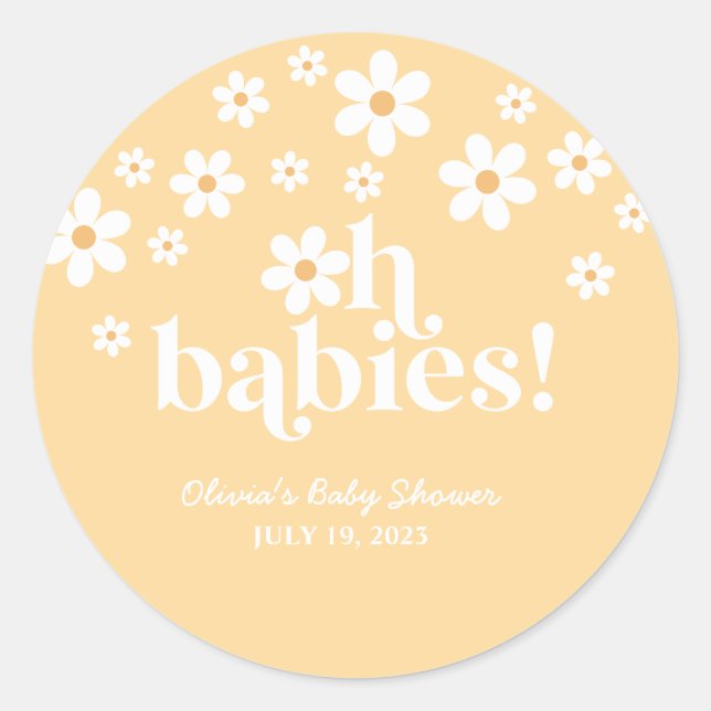 Oh Babies boho Daisy yellow twins Baby Shower Classic Round Sticker (Front)