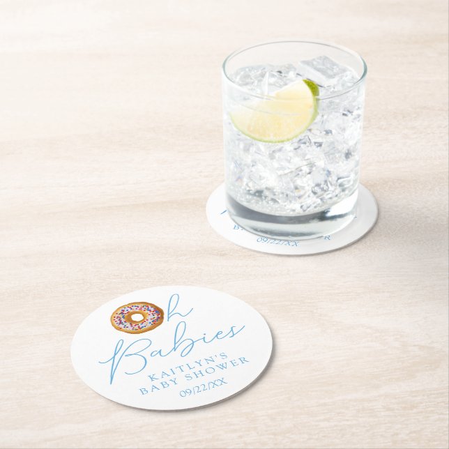 Oh Babies Doughnut Sprinkle Twin Boys Baby Shower Round Paper Coaster (Insitu)
