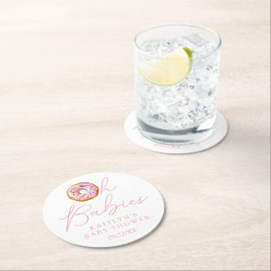 Oh Babies Doughnut Sprinkle Twin Girls Baby Shower Round Paper Coaster