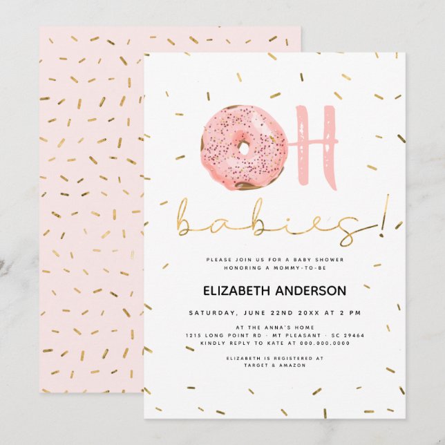 Oh Babies Doughnut & Sprinkles Gold Girl Baby Show Invitation (Front/Back)