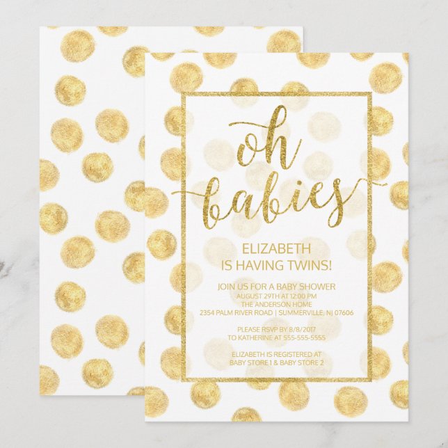 Oh Babies! Gold Dots Twins Baby Shower Invitation (Front/Back)
