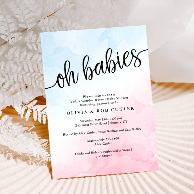 Oh Babies Hand Lettered Script Pink & Blue Shower Invitation (Creator Uploaded)