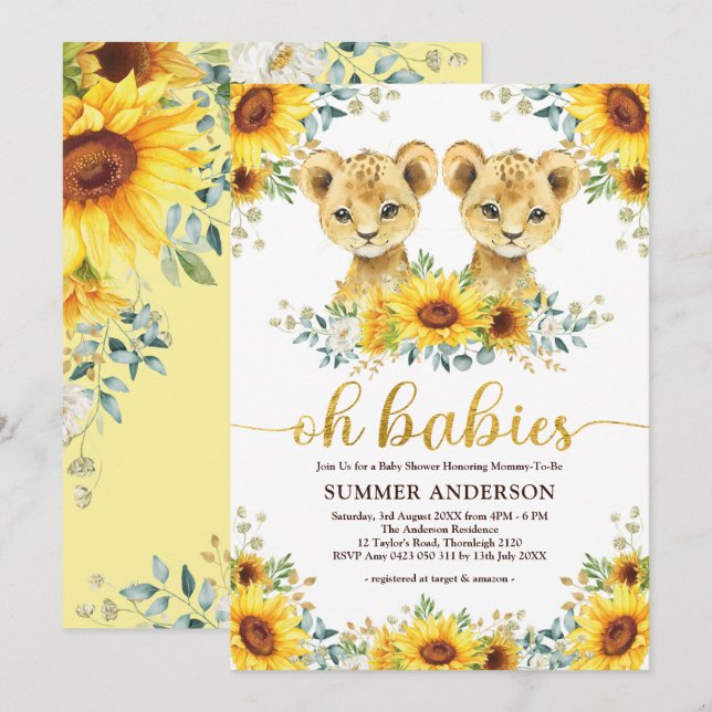 Oh Babies | Lion Twins Sunflower Baby Shower Invitation (Front/Back)