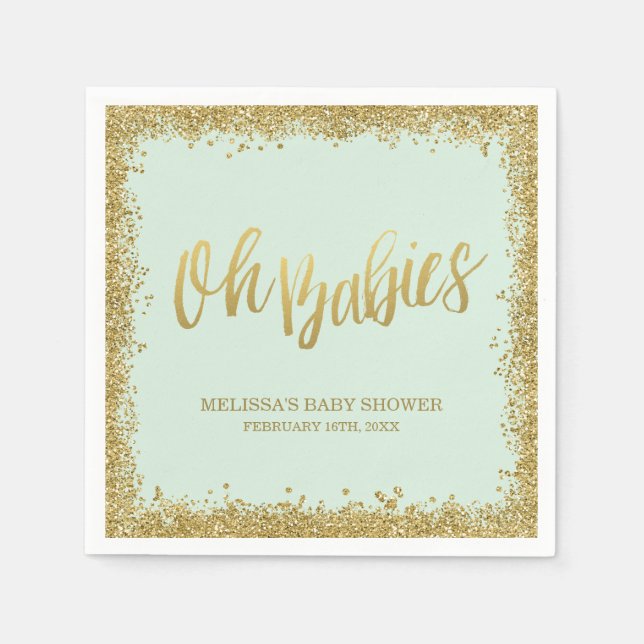 Oh Babies Mint Gold Glitter Baby Shower Napkin (Front)