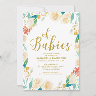 Oh Babies Peach Floral Glitter Twins Baby Shower  Invitation
