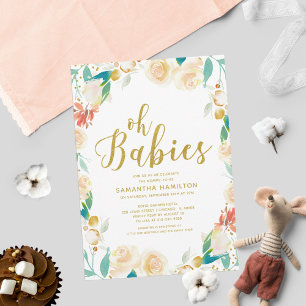 Oh Babies Peach Floral  Glitter Twins Baby Shower Invitation