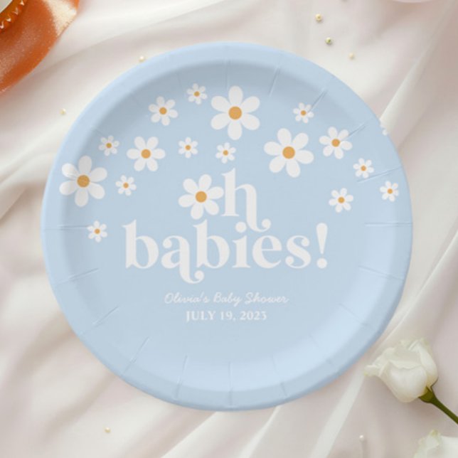Oh Babies! Retro Daisy blue boho Baby Shower Paper Plate (Creator Uploaded)