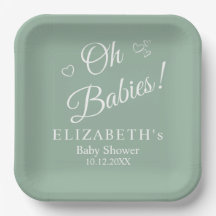 Oh Babies Sage Green Twin Baby Shower Paper Plates
