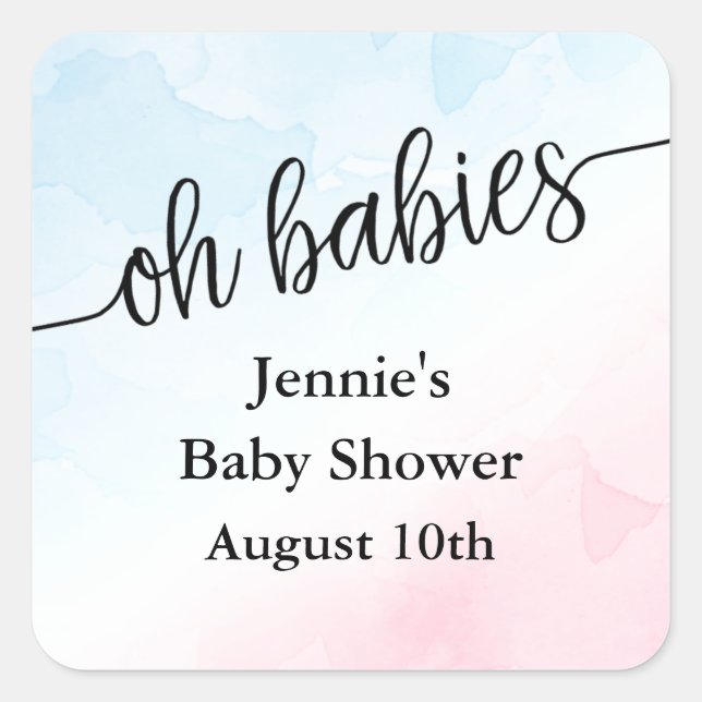 Oh Babies Script Pink/Blue Baby Shower Favour Squa Square Sticker (Front)