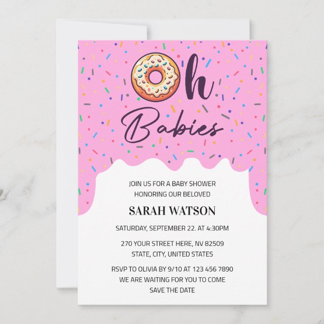 Oh Babies Sprinkle Doughnut Twins Baby Girl Shower Invitation (Front)